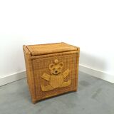 Wicker basket with lid with bear, vintage toy basket