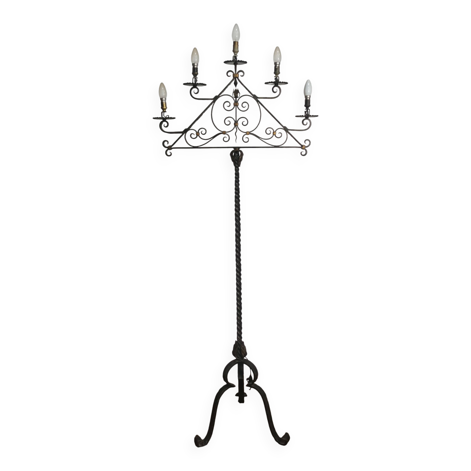Wrought iron floor lamp with 5 light arms, 1940