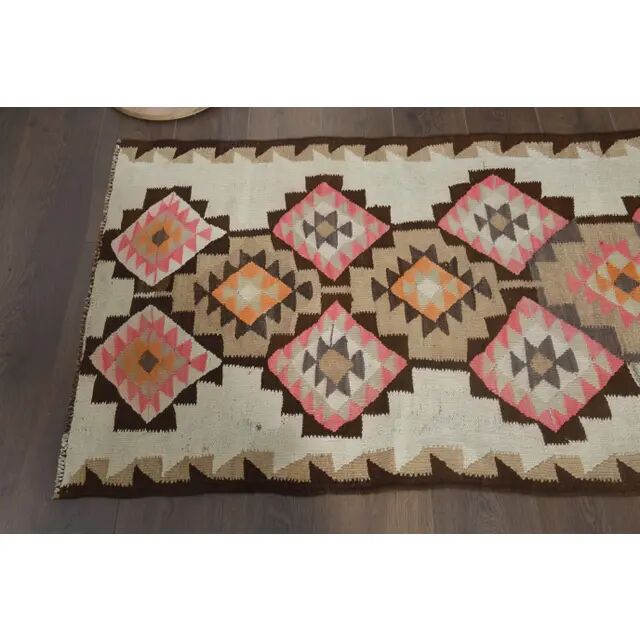 1970s Turkish Oushak Handmade Wool Cotton Pink Runner Rug 92x267