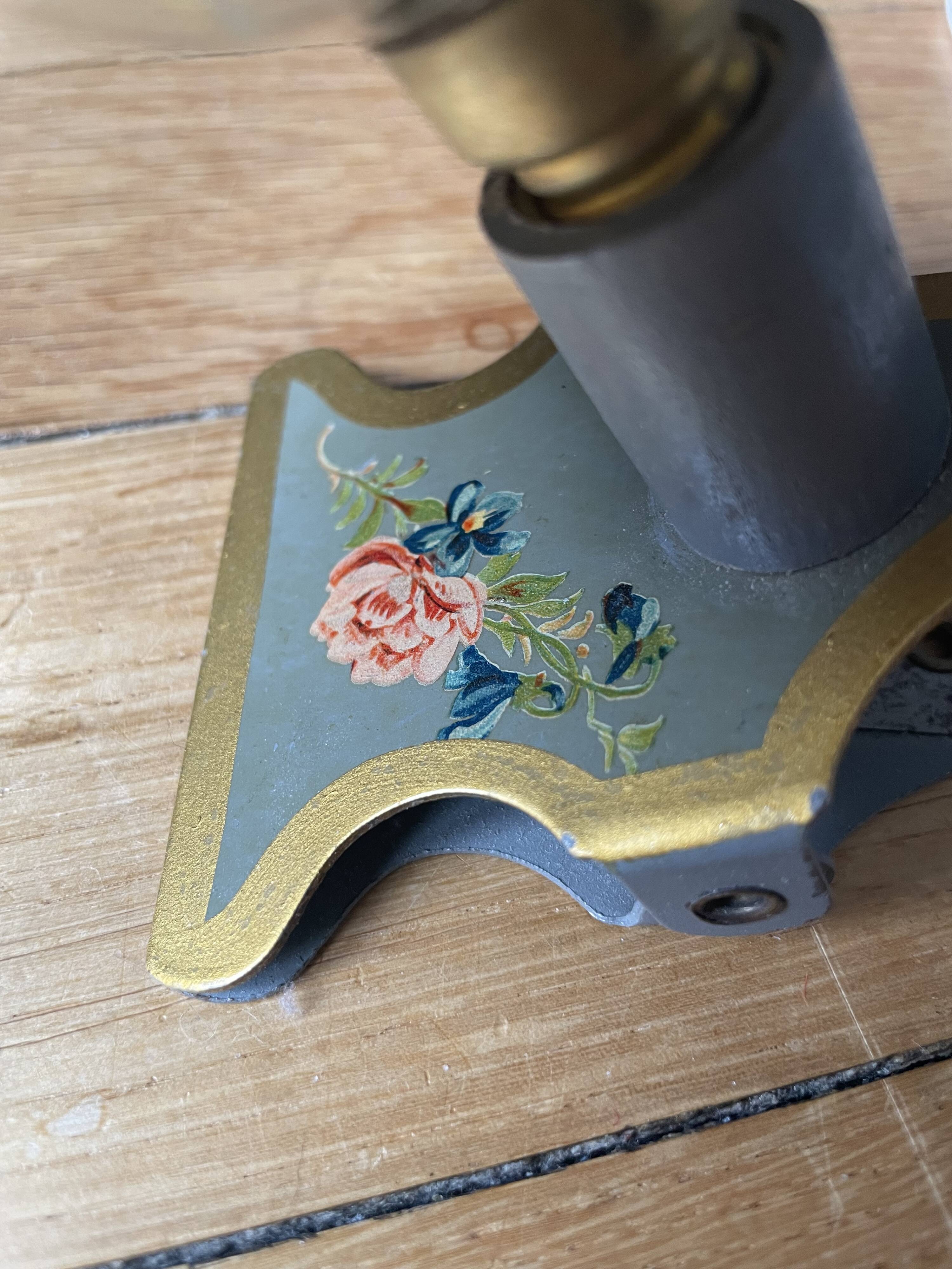 Small bedside lamp with clip, vintage painted flowers