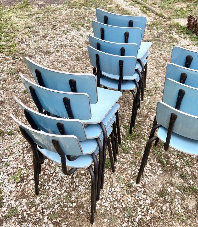 Set of 12 blue formica chairs