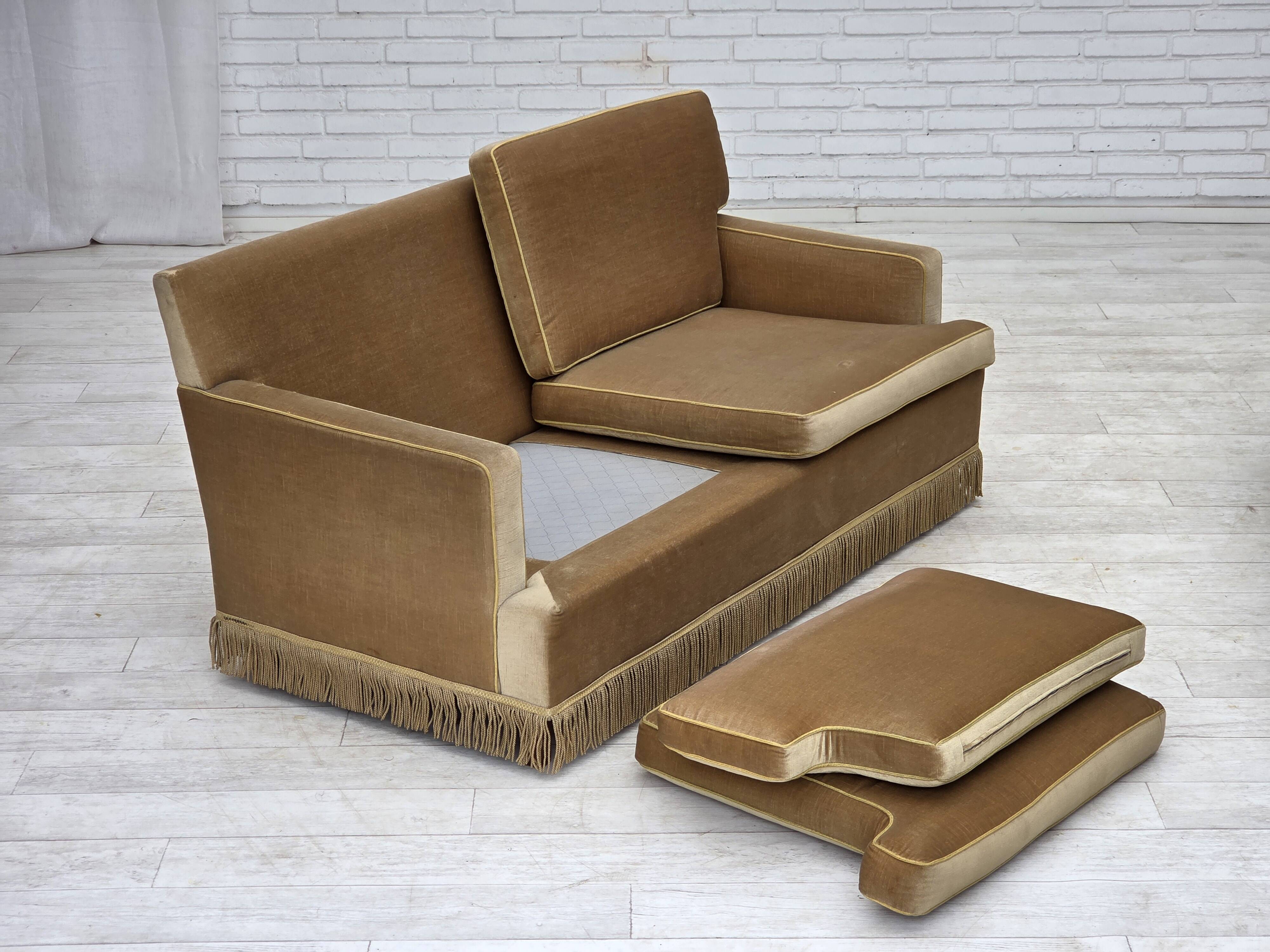 1970s, Danish 2-seater sofa, honey yellow furniture velour.