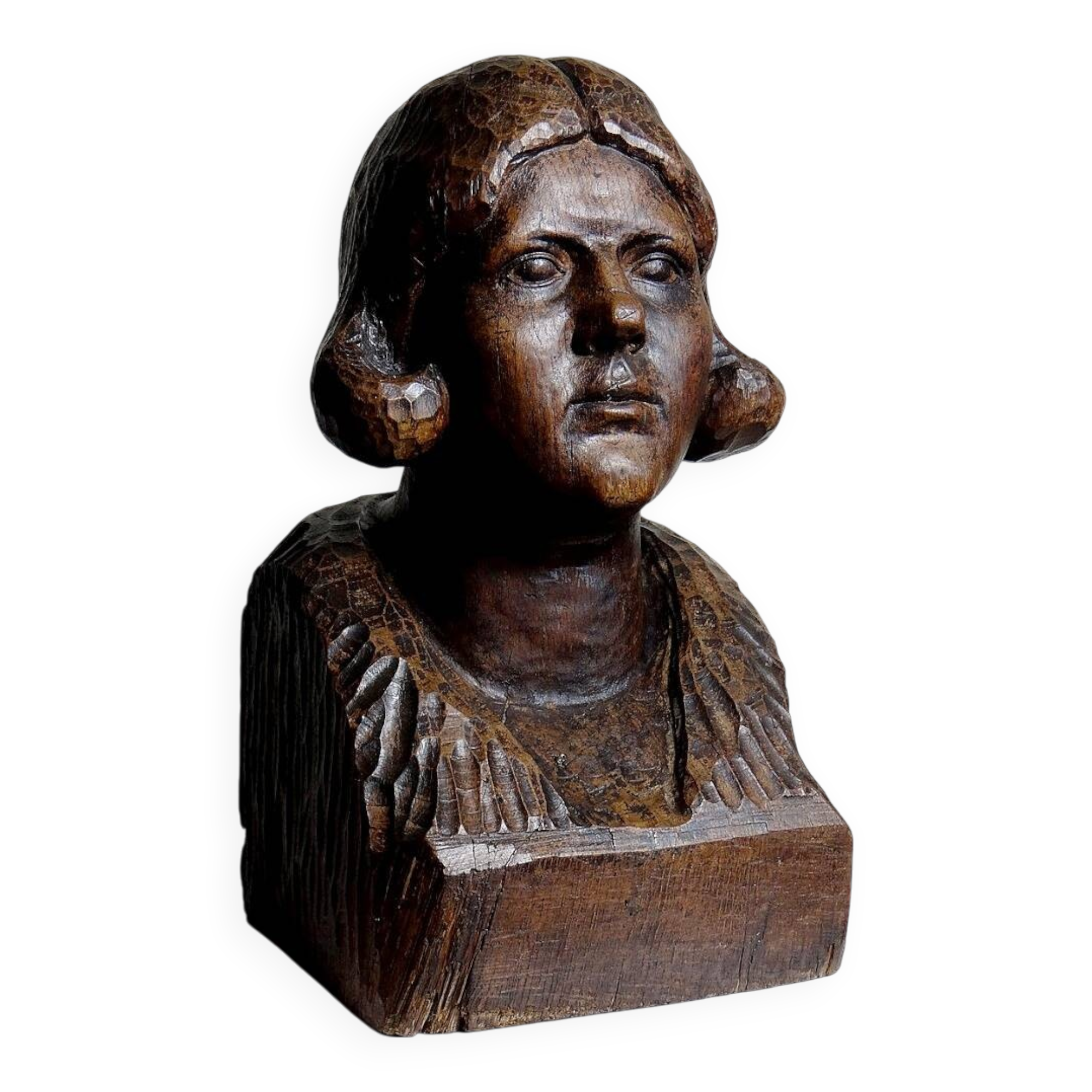 bust of a woman in solid wood carved with a gouge, 19th century