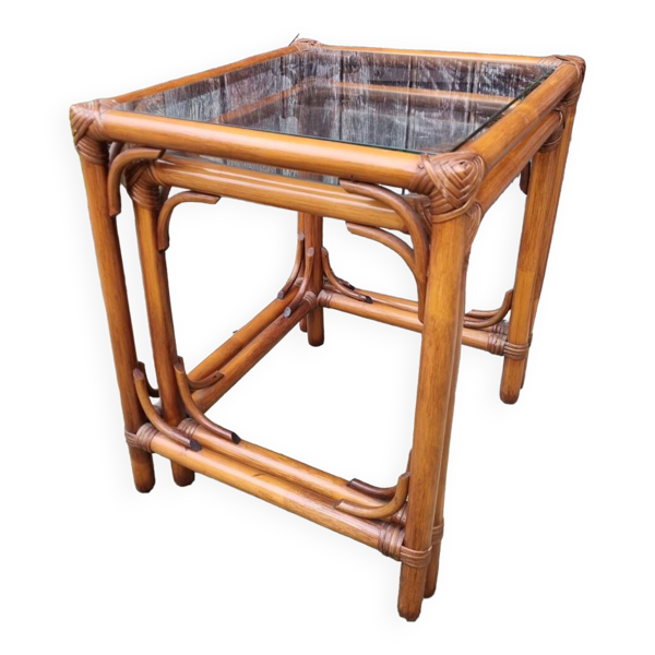 Tables basses gigogne, bambou, rotin et verre, années 70