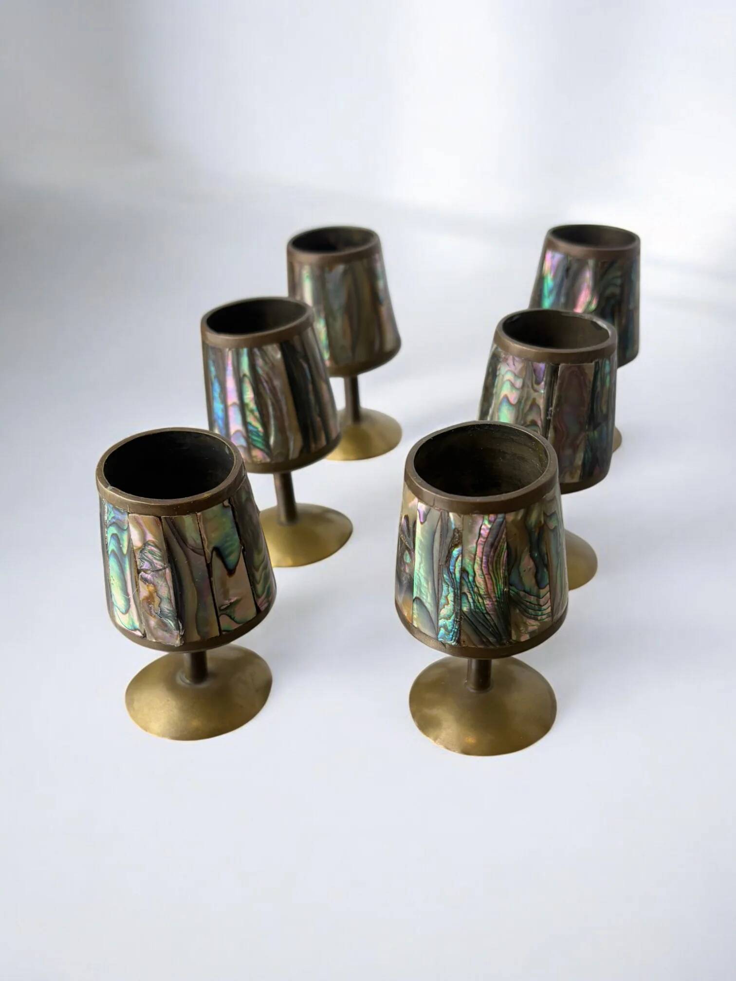 Abalone shell & brass shot glasses, set of 6, Mexico, 1970s