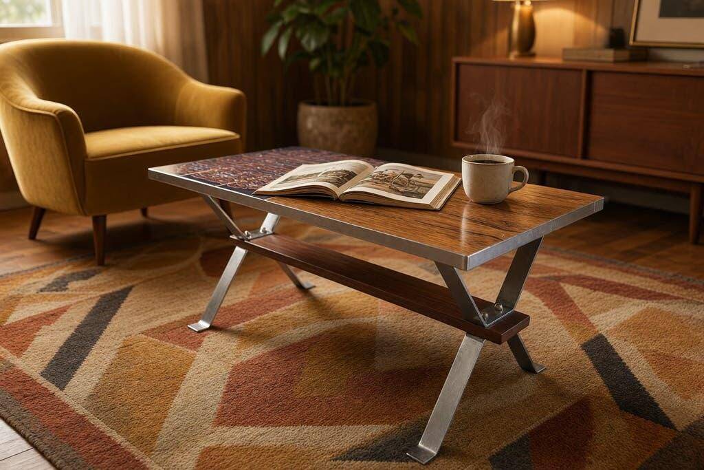 Vintage chrome coffee table with ceramic accent.
