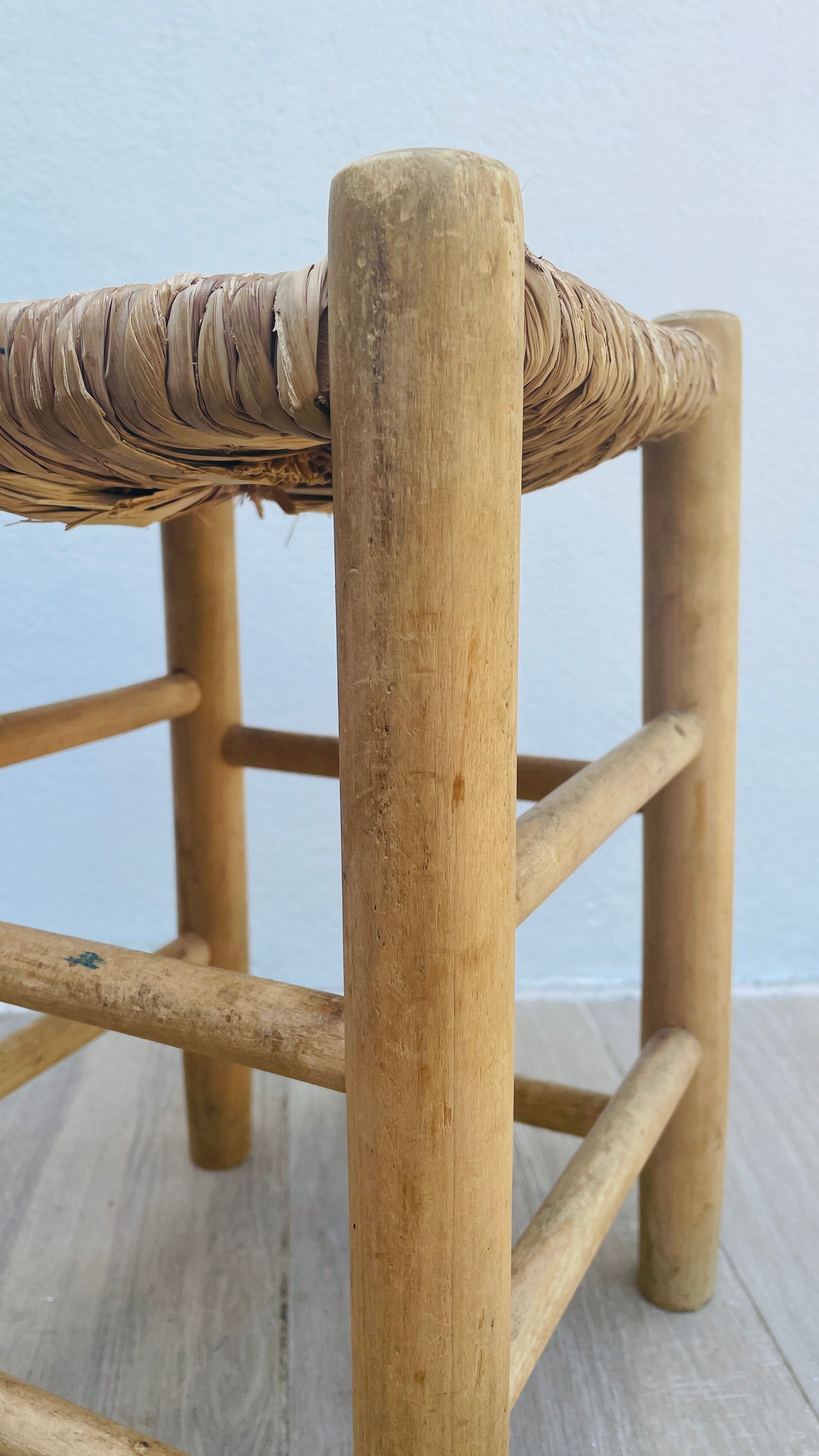 Wooden and straw stool vintage bohemian spirit