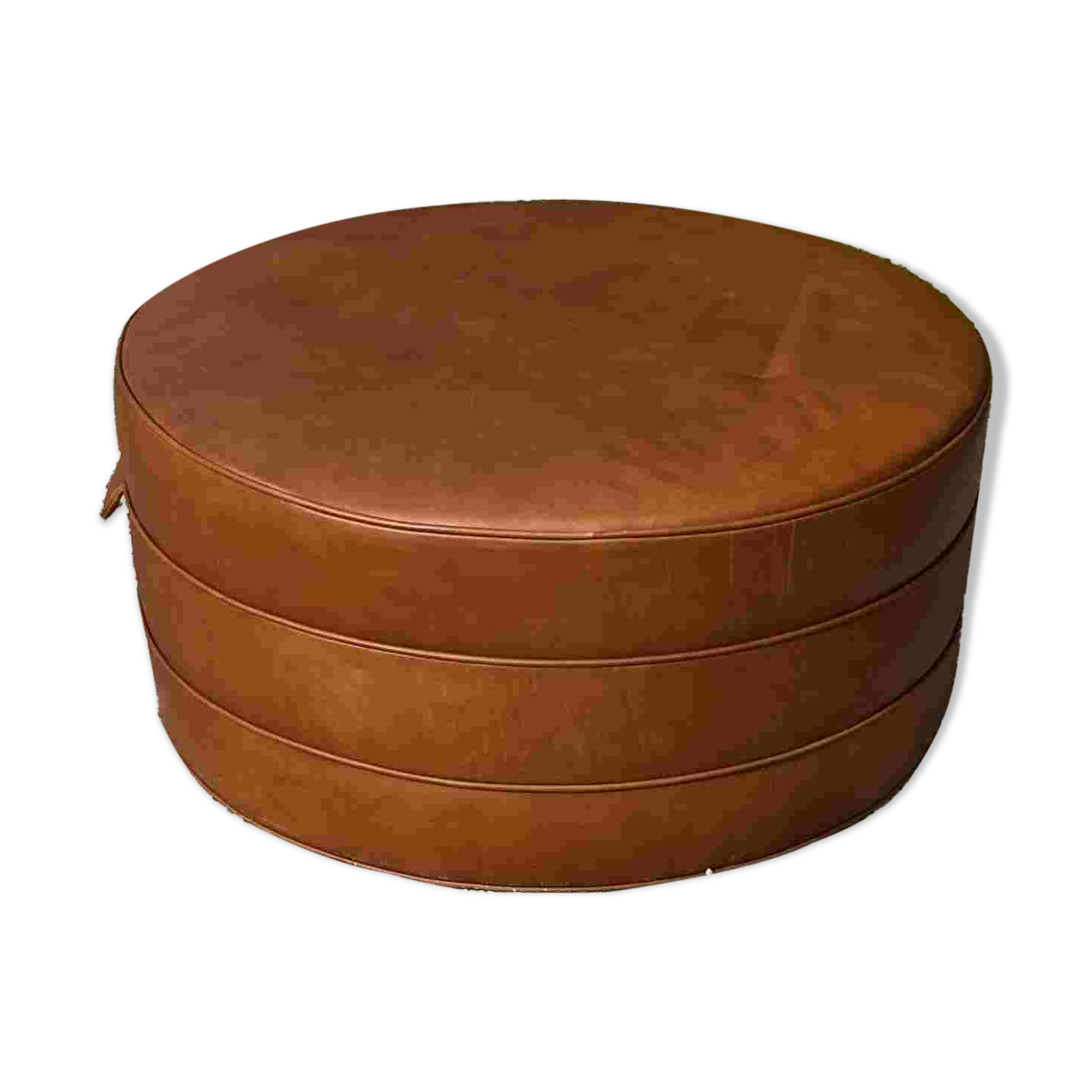 Large round cognac leather pouf