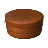 Large round cognac leather pouf