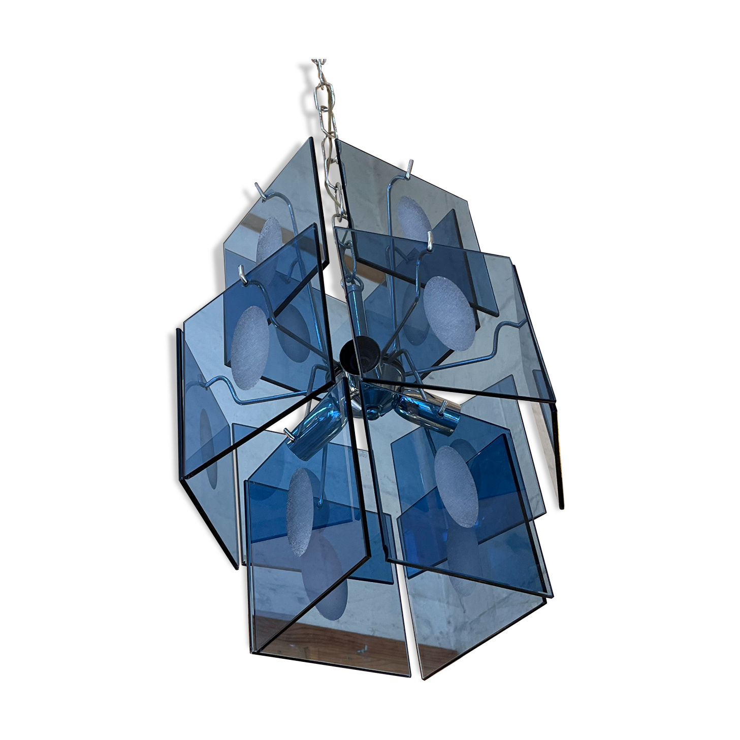 Gino vistosi rare chandelier with blue plates design 1970