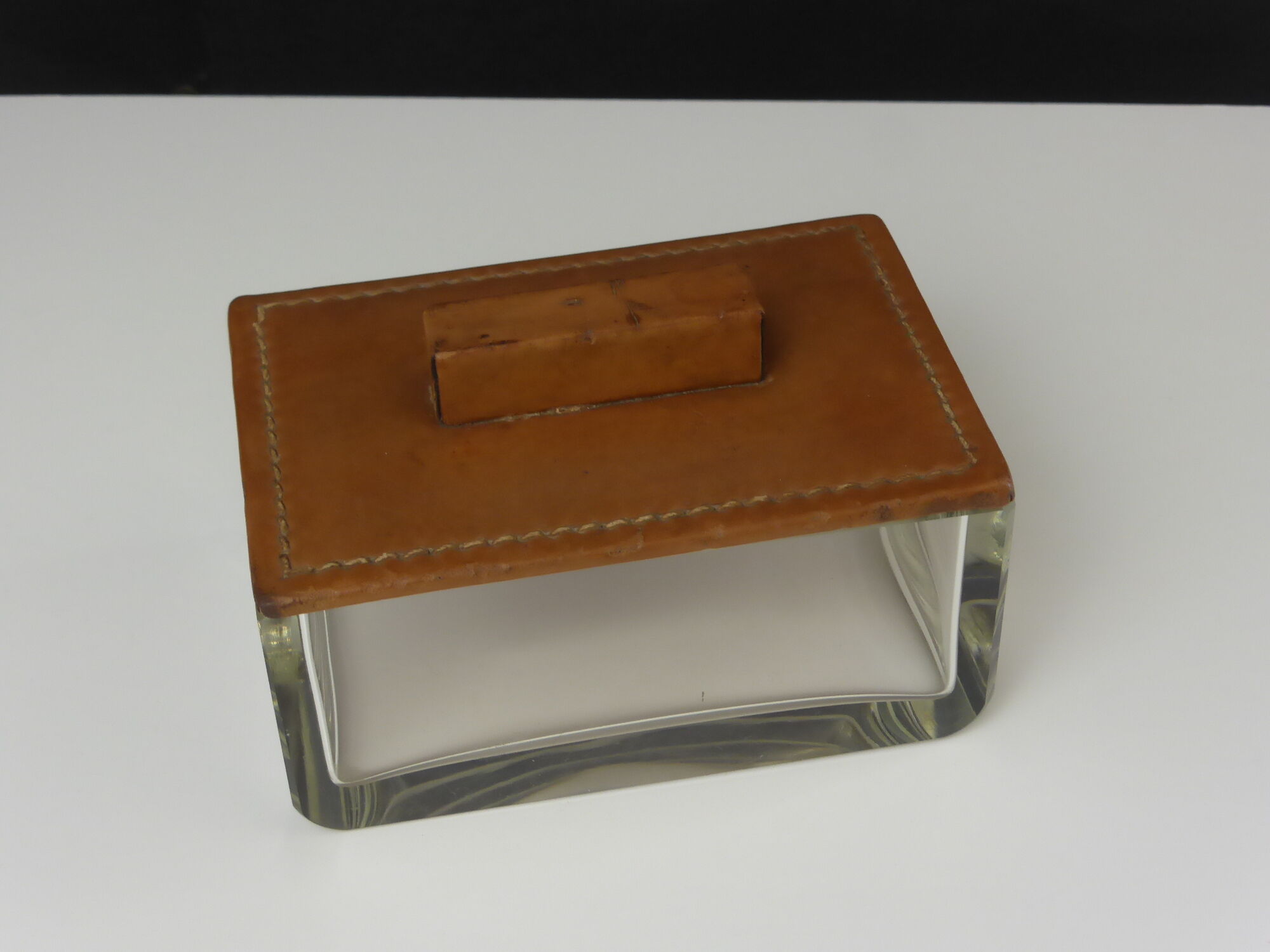 Vintage glass box with tawny leather lid