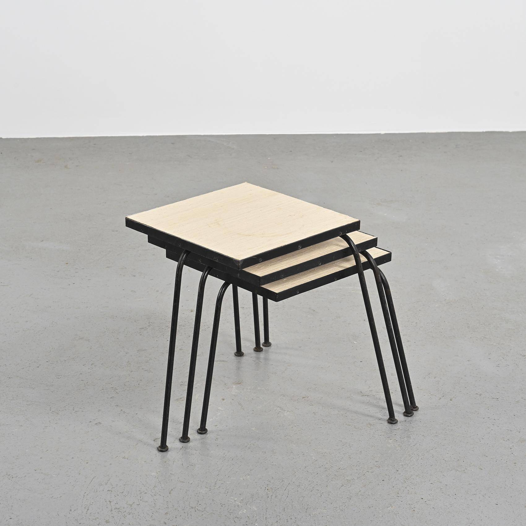 Set of 3 nesting tables in black lacquered metal, circa 1960
