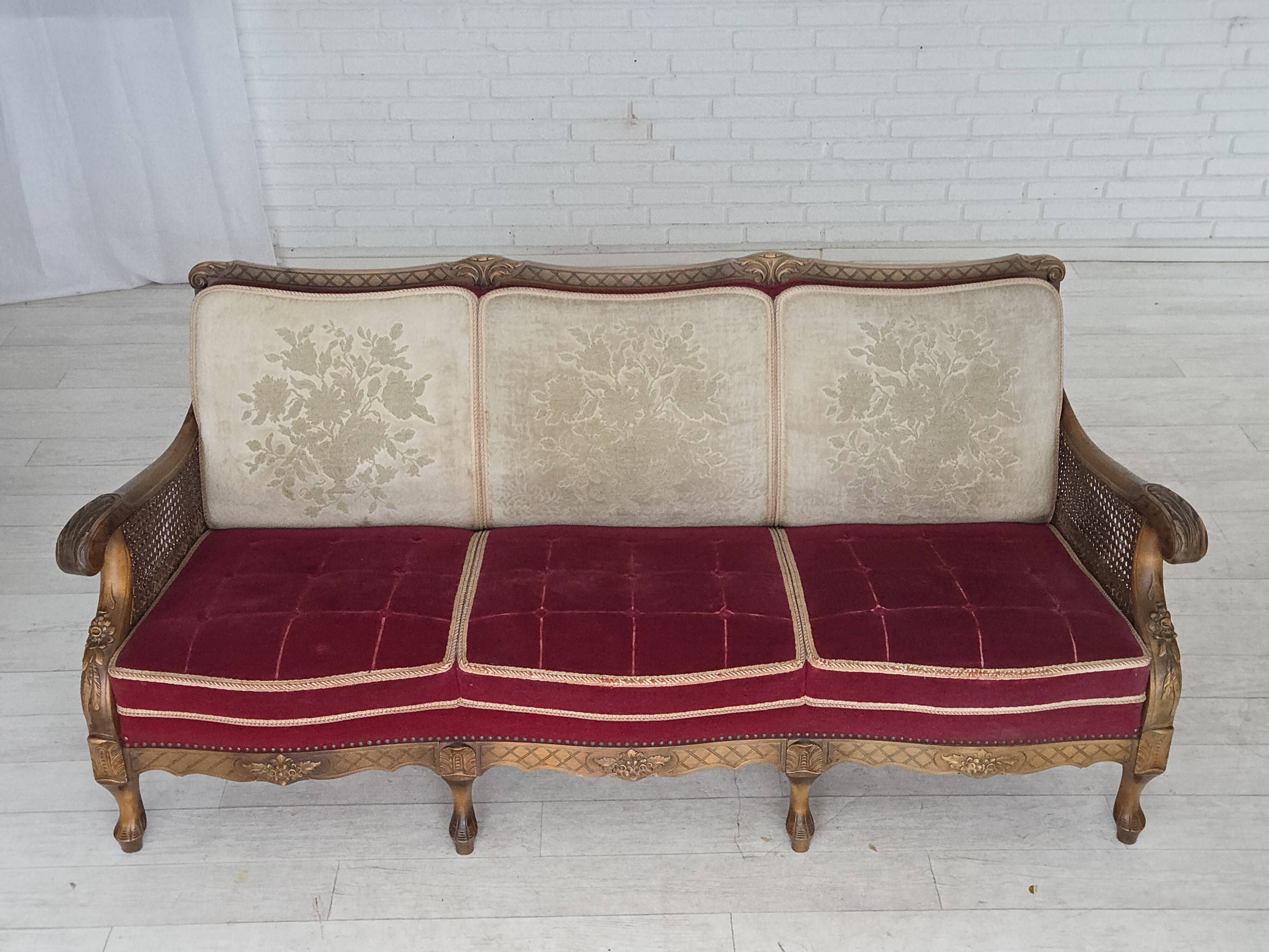 1930s, Danish 3-seater sofa, red furniture velour, furniture mesh.