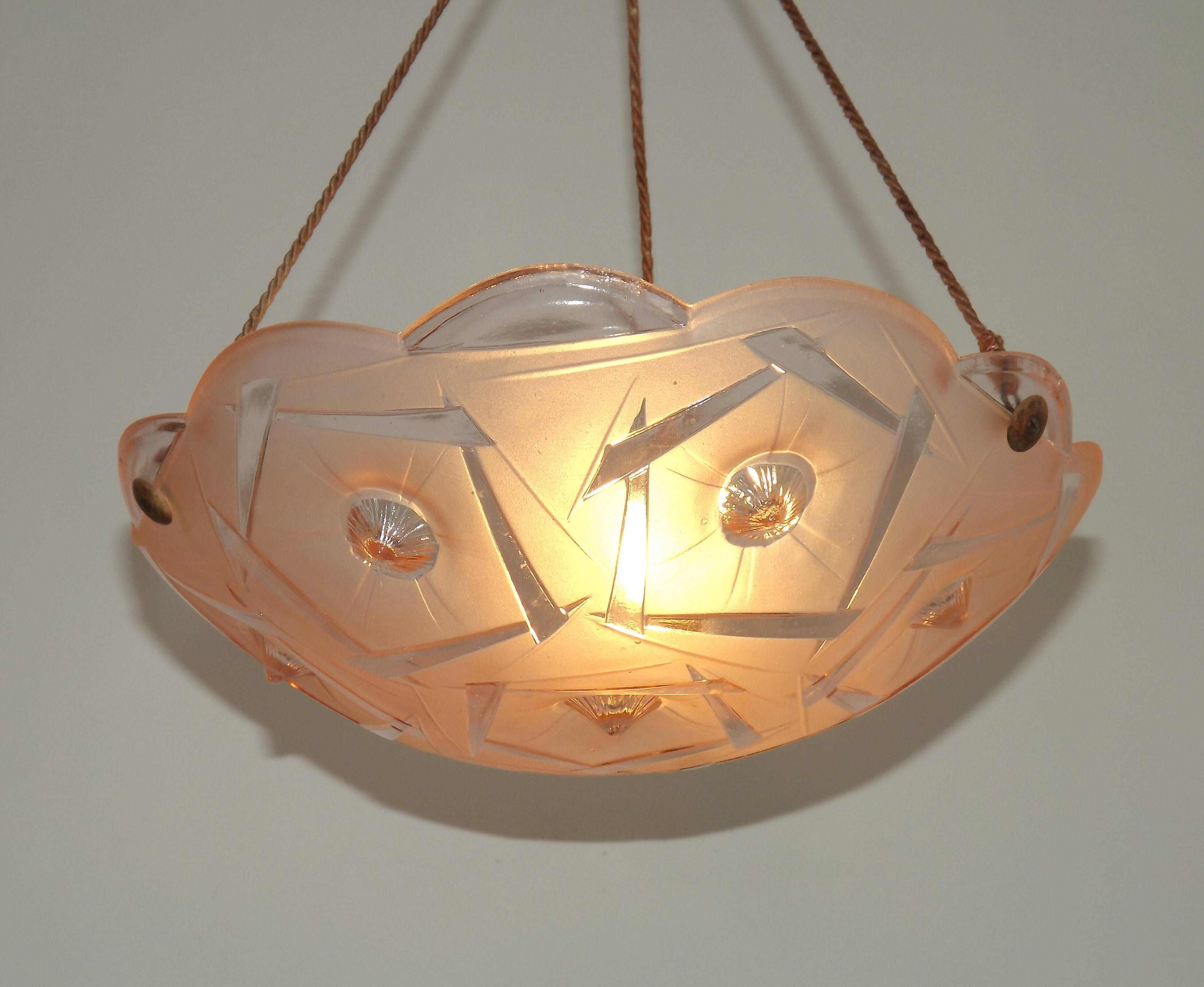 French Art Deco Stamped 1053 Pink Glass Plafonnier Hanging Light Pink Ropes