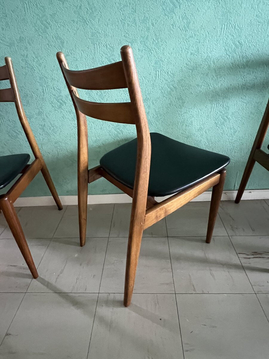 Set of six vintage scandinavian chairs. black faux leather seat, eros edition from around 1960.