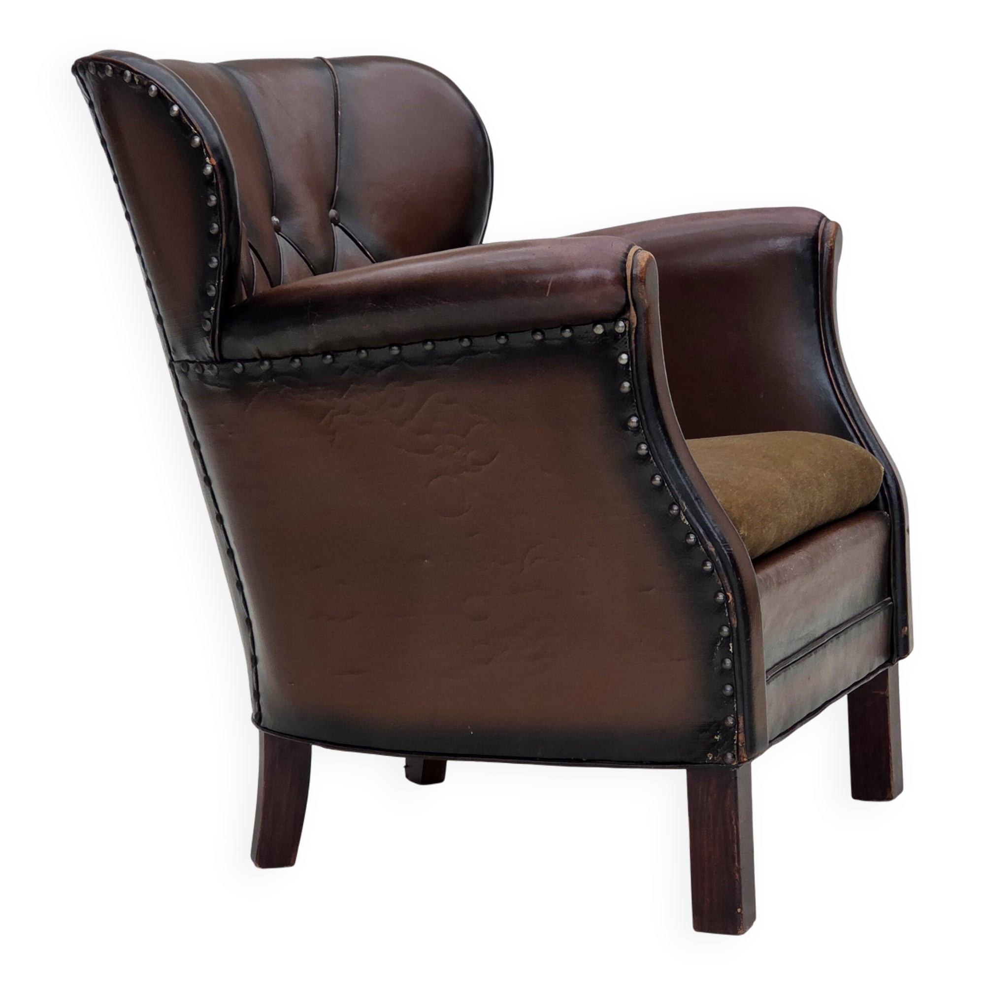 Fauteuil danois des années 1930, cuir marron, velours.