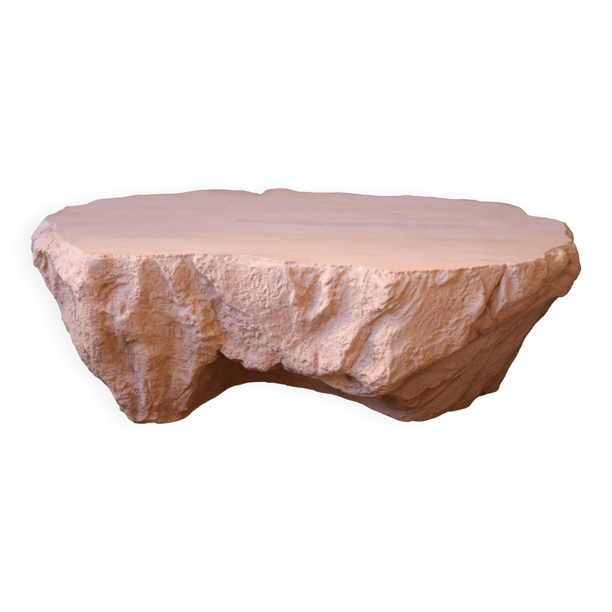 Design coffee table with travertine rock effect — unique piece hand-sculpted.