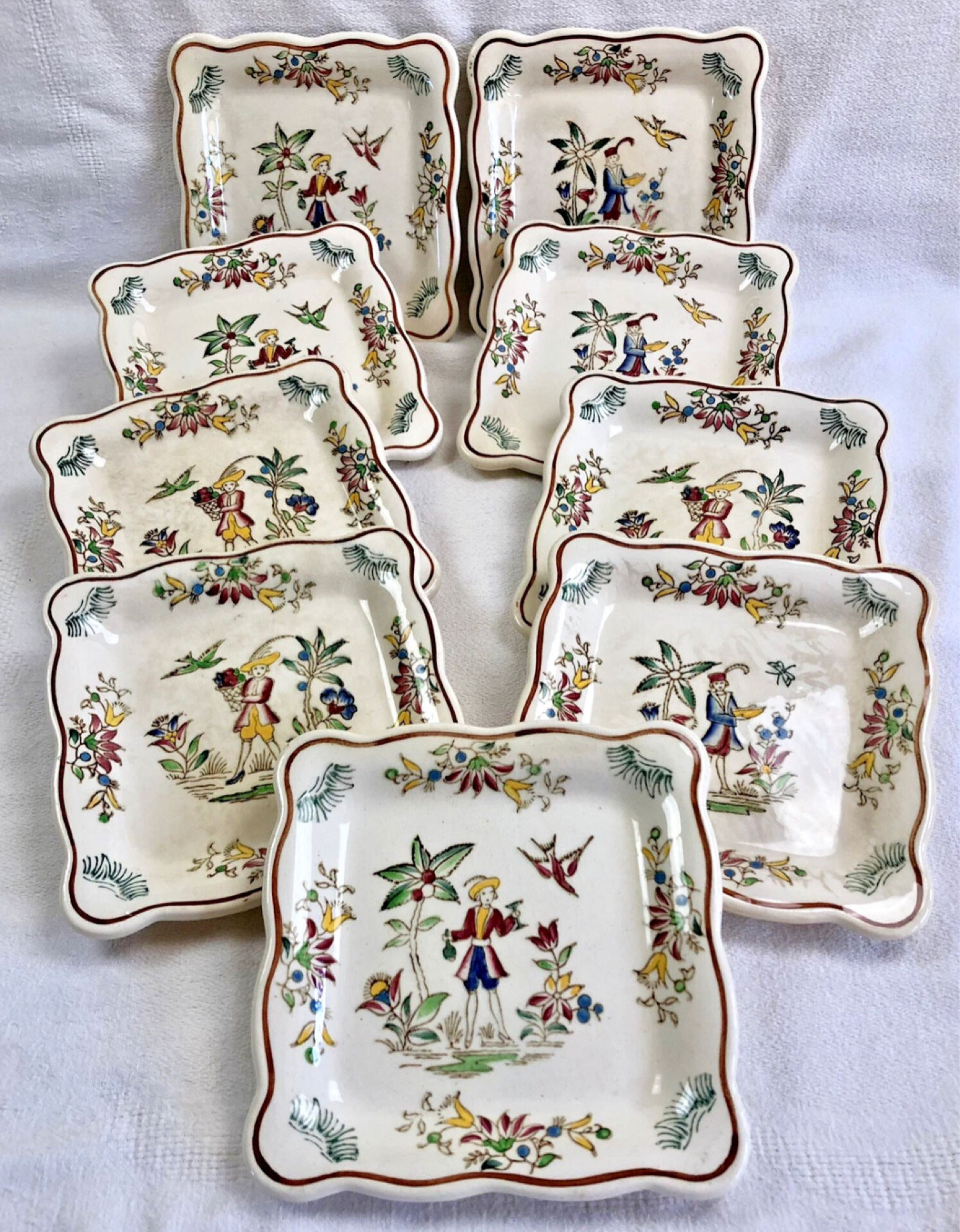 9 old square plates for cake, dessert, and aperitif from Longwy Moustier.