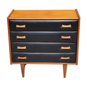 Scandinavian chest of drawers in teak and black moleskine 4 drawers from the 50s