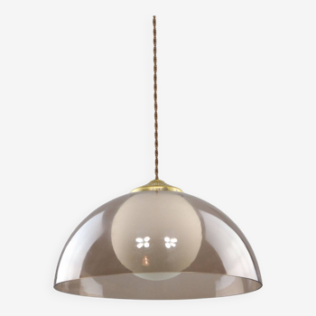 Space-age Italian Brass, Opaline and Plexiglass Pendant Lamp