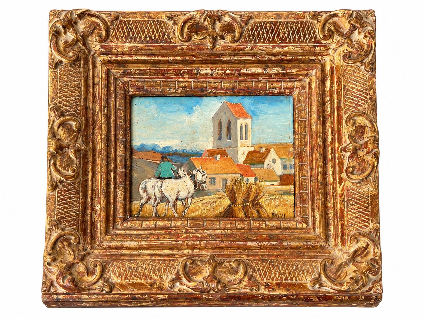 Small old painting signed Daniel Rouvière – Village scene with horses