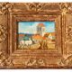 Small old painting signed Daniel Rouvière – Village scene with horses