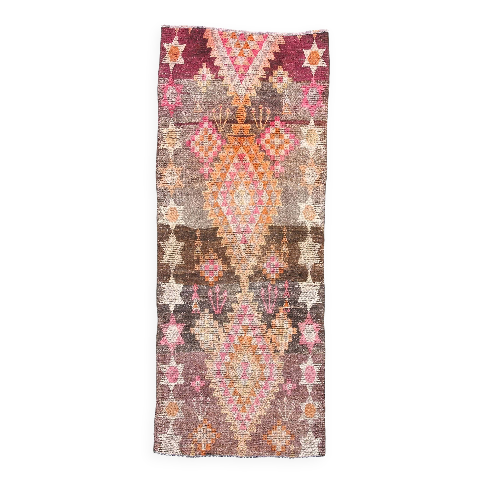 3x7 Brown Hot Pink Turkish Vintage Runner Rug, 92x227Cm