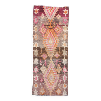 3x7 Brown Hot Pink Turkish Vintage Runner Rug, 92x227Cm