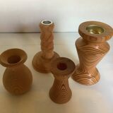 Four wooden vases and candlesticks