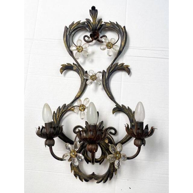 Contemporary brunito and rush florentine wrought iron wall lamp with floreal crystals