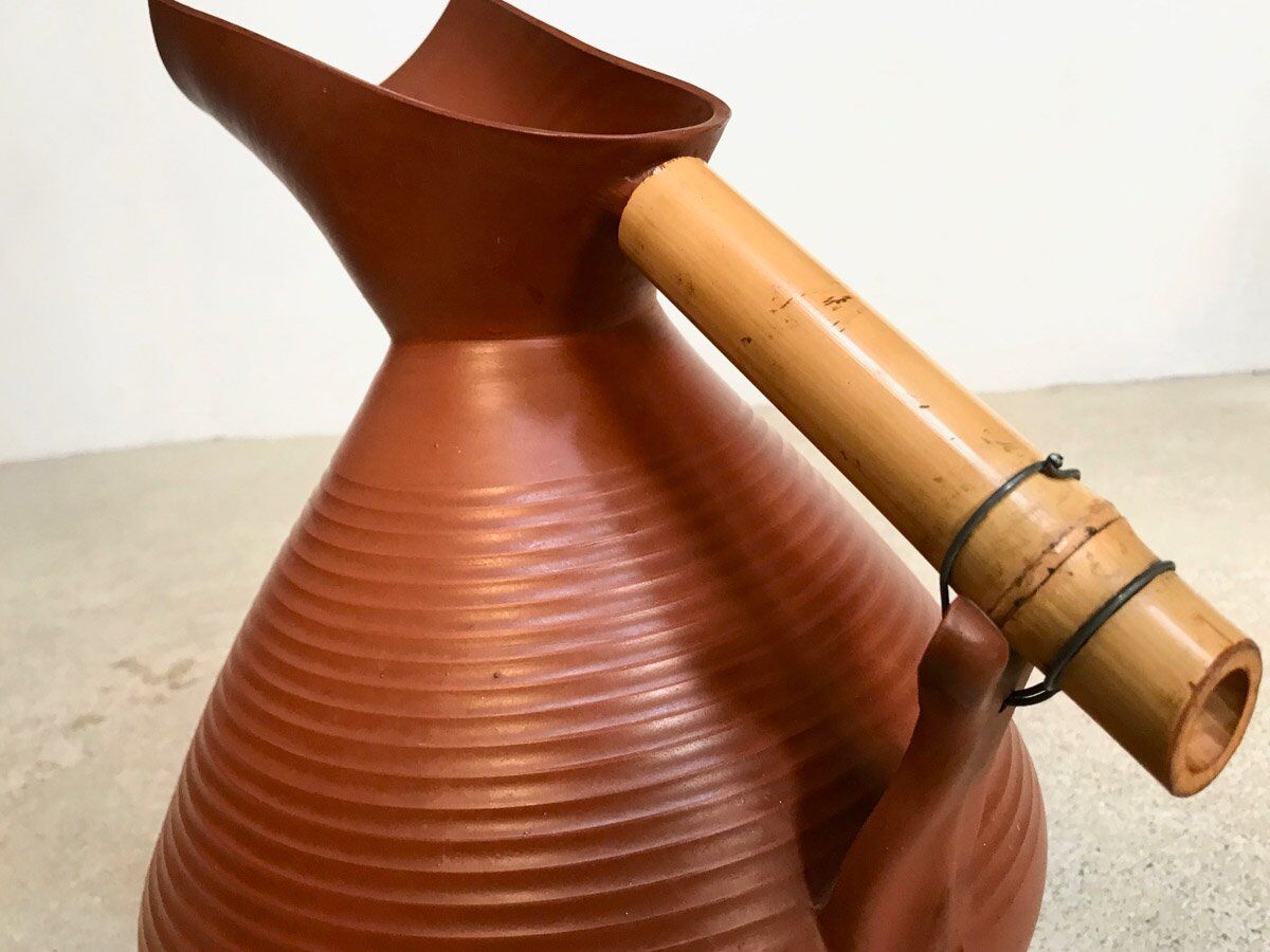 Studio pottery jug floor vase in terracotta and bamboo handle Germany 1950s