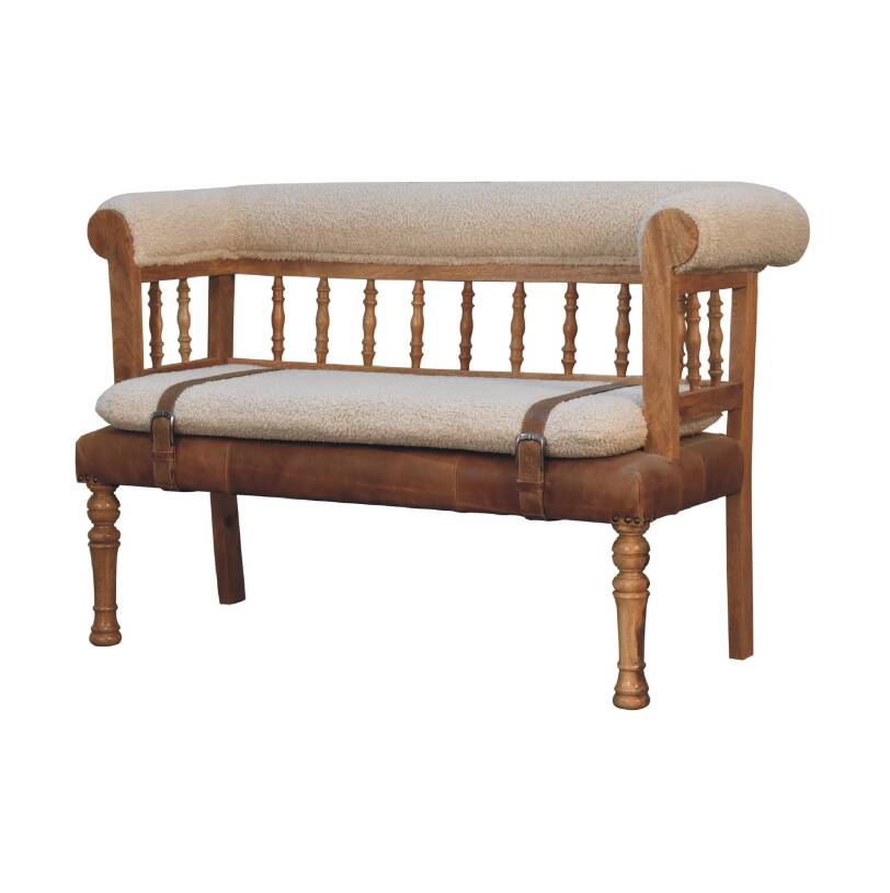 Luxury Handcrafted Rustic Chic Hallway Bench - Mango Wood,  Boucle & Buffalo Leather