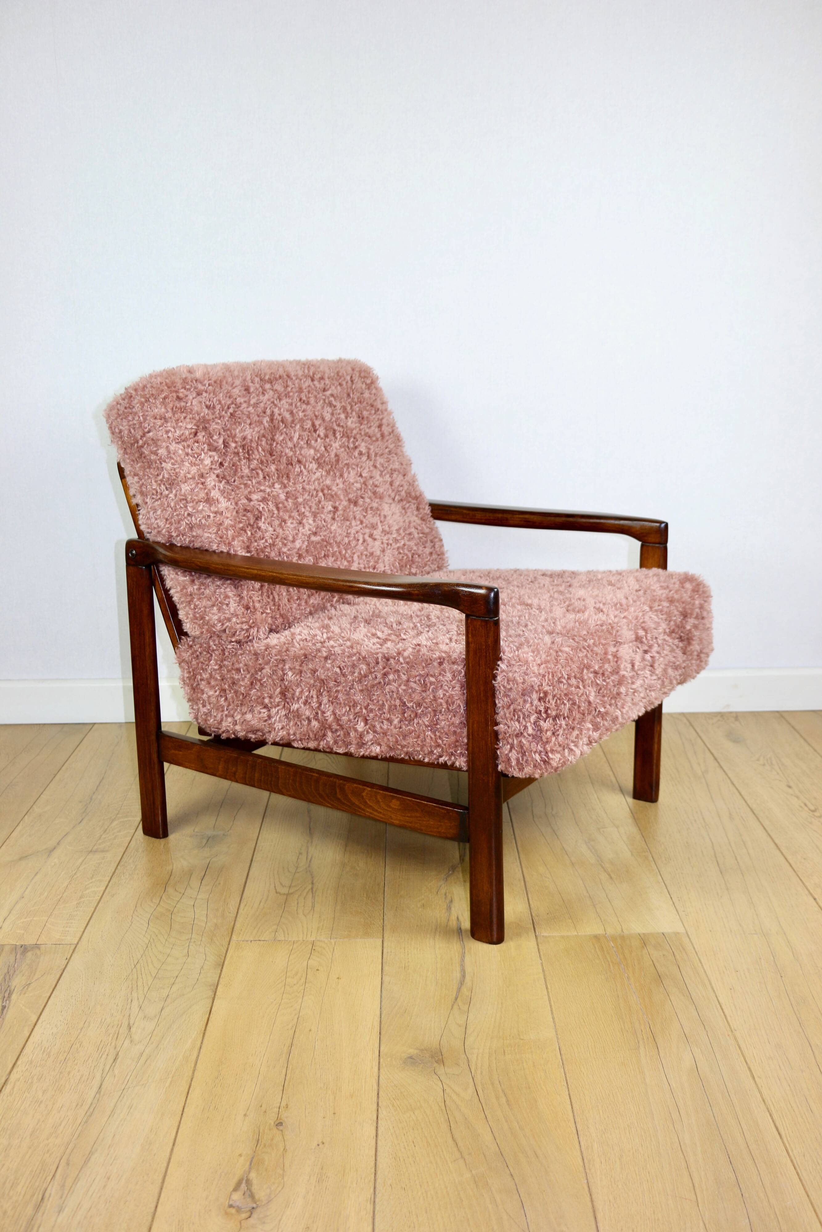 Wooden vintage brown armchair pink long hair proj. Z. Bączyk - 2 pieces available