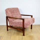 Wooden vintage brown armchair pink long hair proj. Z. Bączyk - 2 pieces available