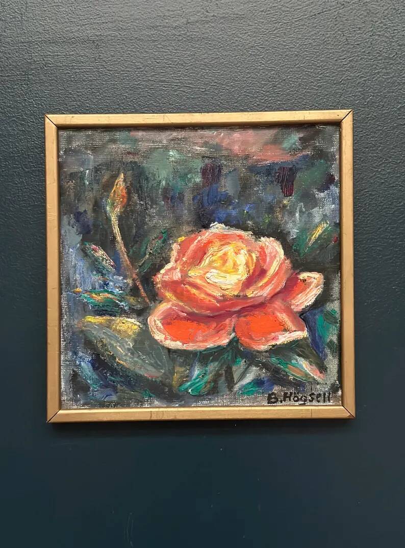 Original Swedish Oil on Canvas – “Yellow Rose” by B. Högsk – Signed – Vintage & Framed – 33 × 33 cm (13" × 13")