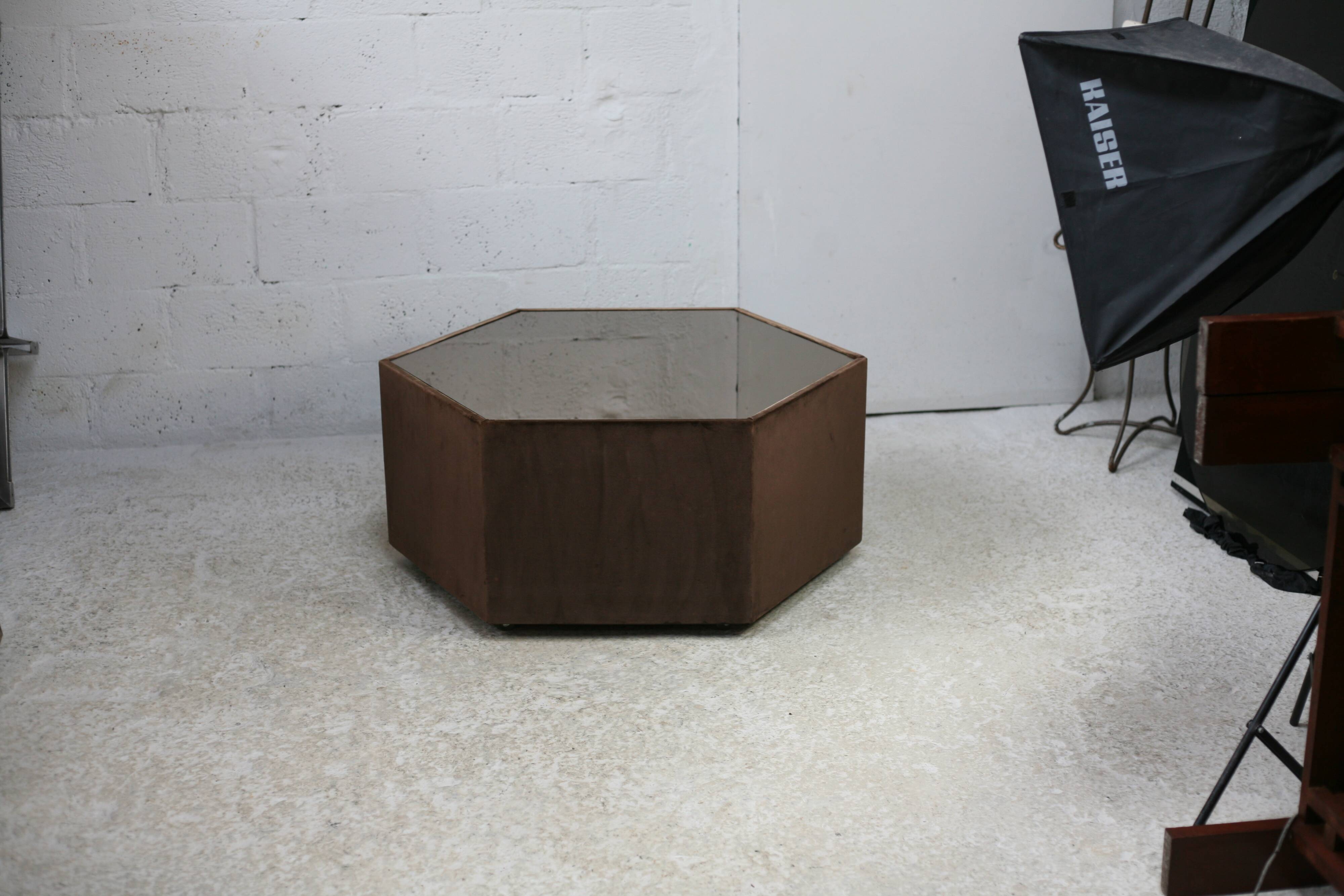 Space age table, hexagonal. Wood, velvet and smoked mirror. Circa 1970