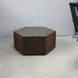 Space age table, hexagonal. Wood, velvet and smoked mirror. Circa 1970