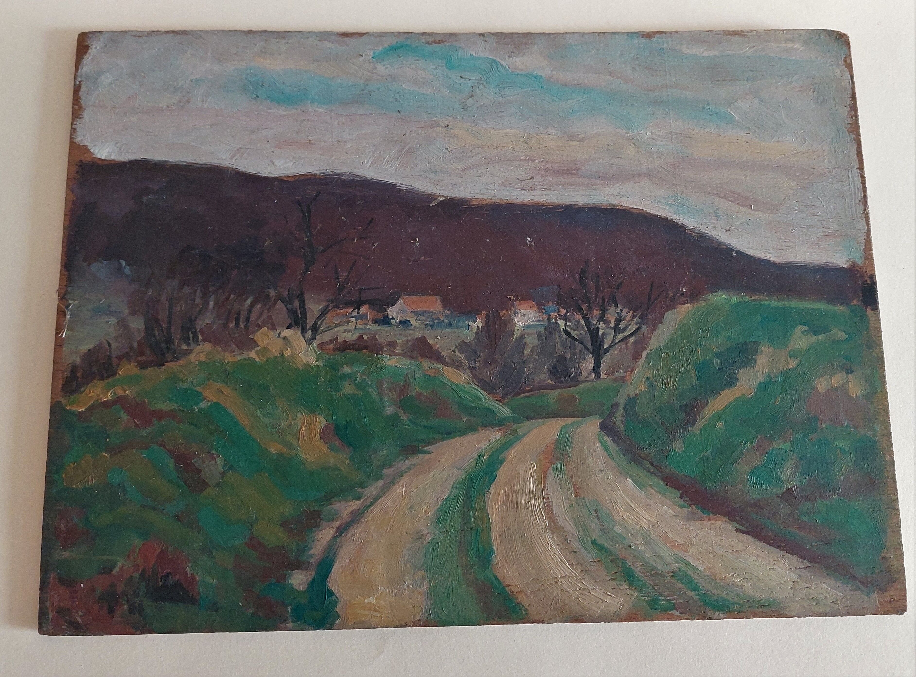 Painting oil on landscape panel early twentieth century
