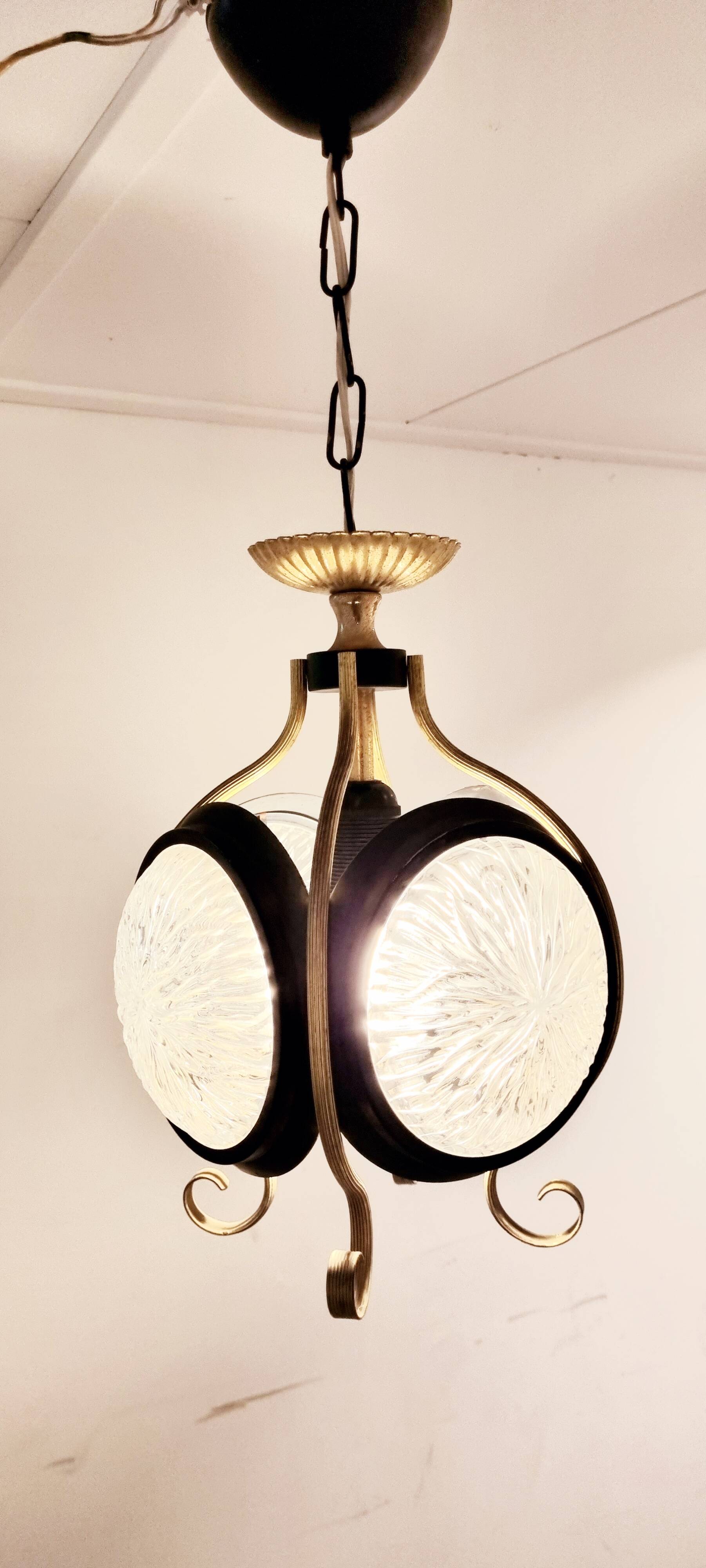 1960s glass brass pendant, frivolous lantern lamp