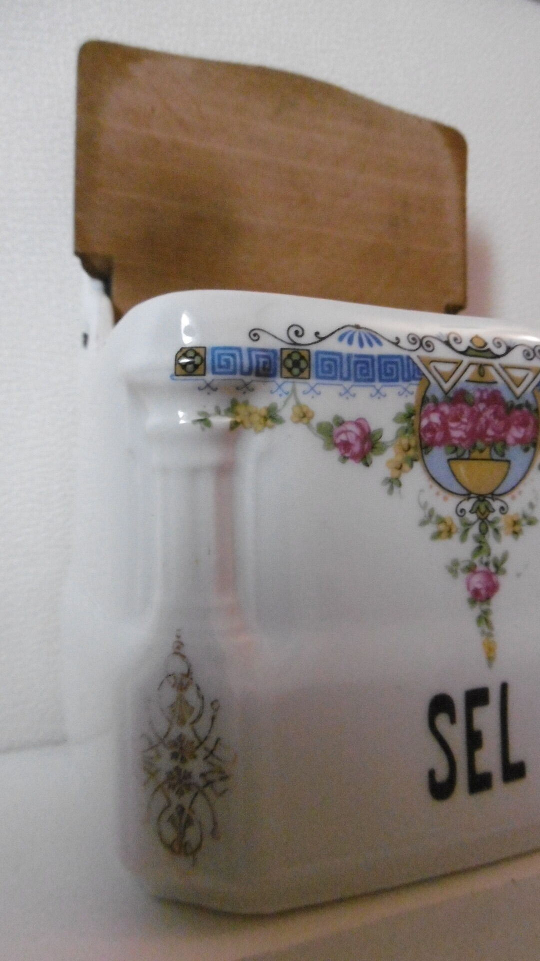 White flowered porcelain salt box