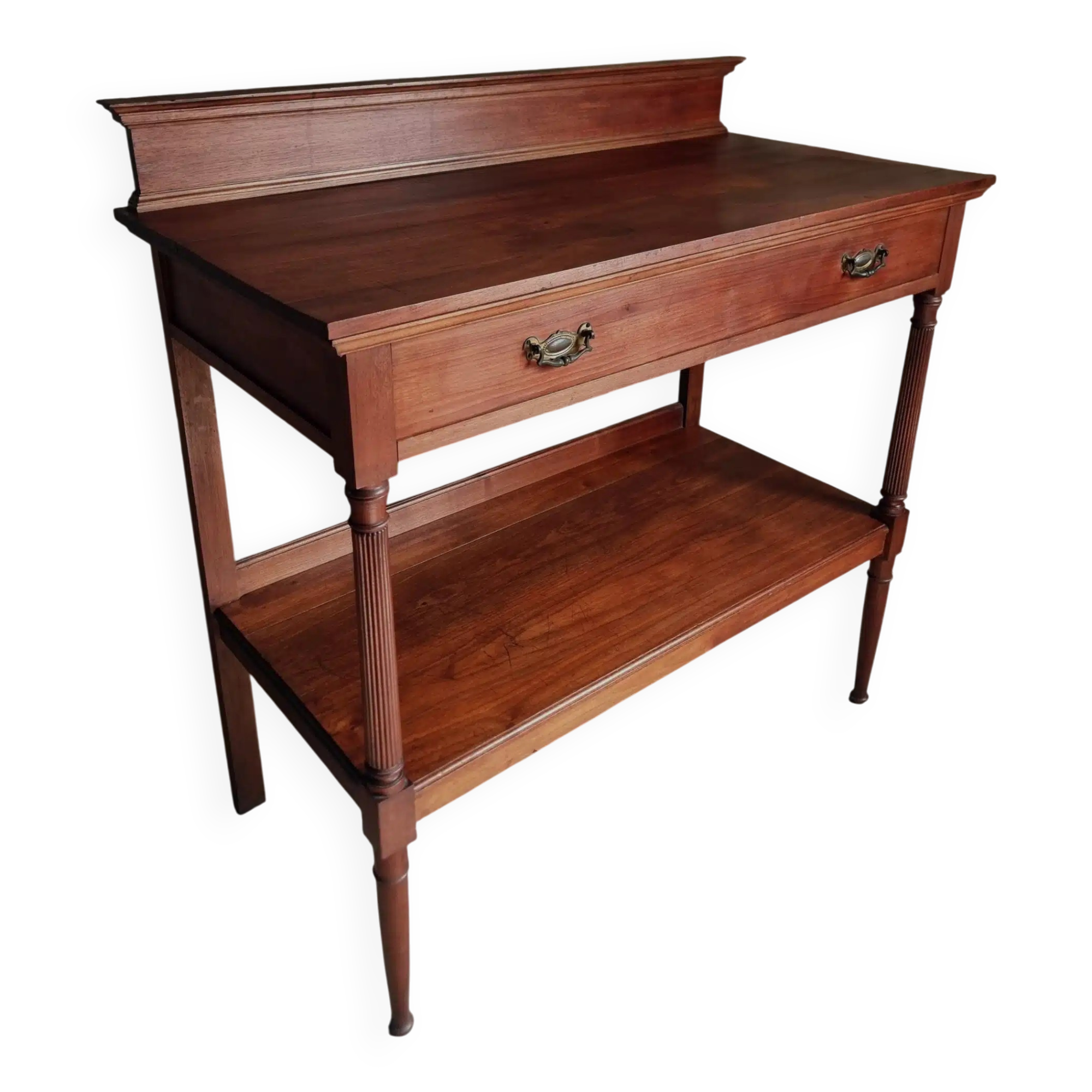 Antique mahogany console with drawer and shelf, French serving table, circa 1900.