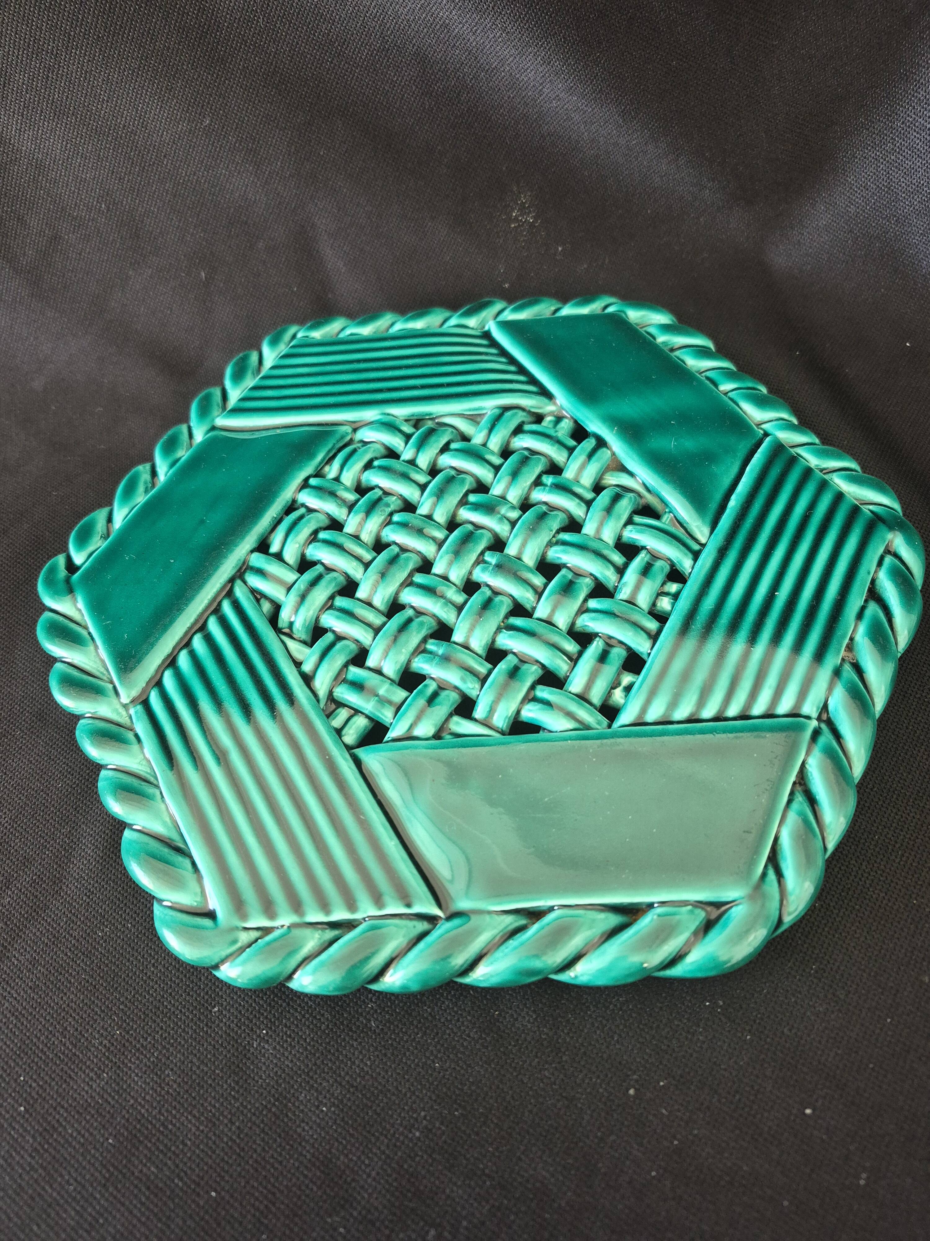 Varnished ceramic trivet from Vallauris and 2 bottle coasters.