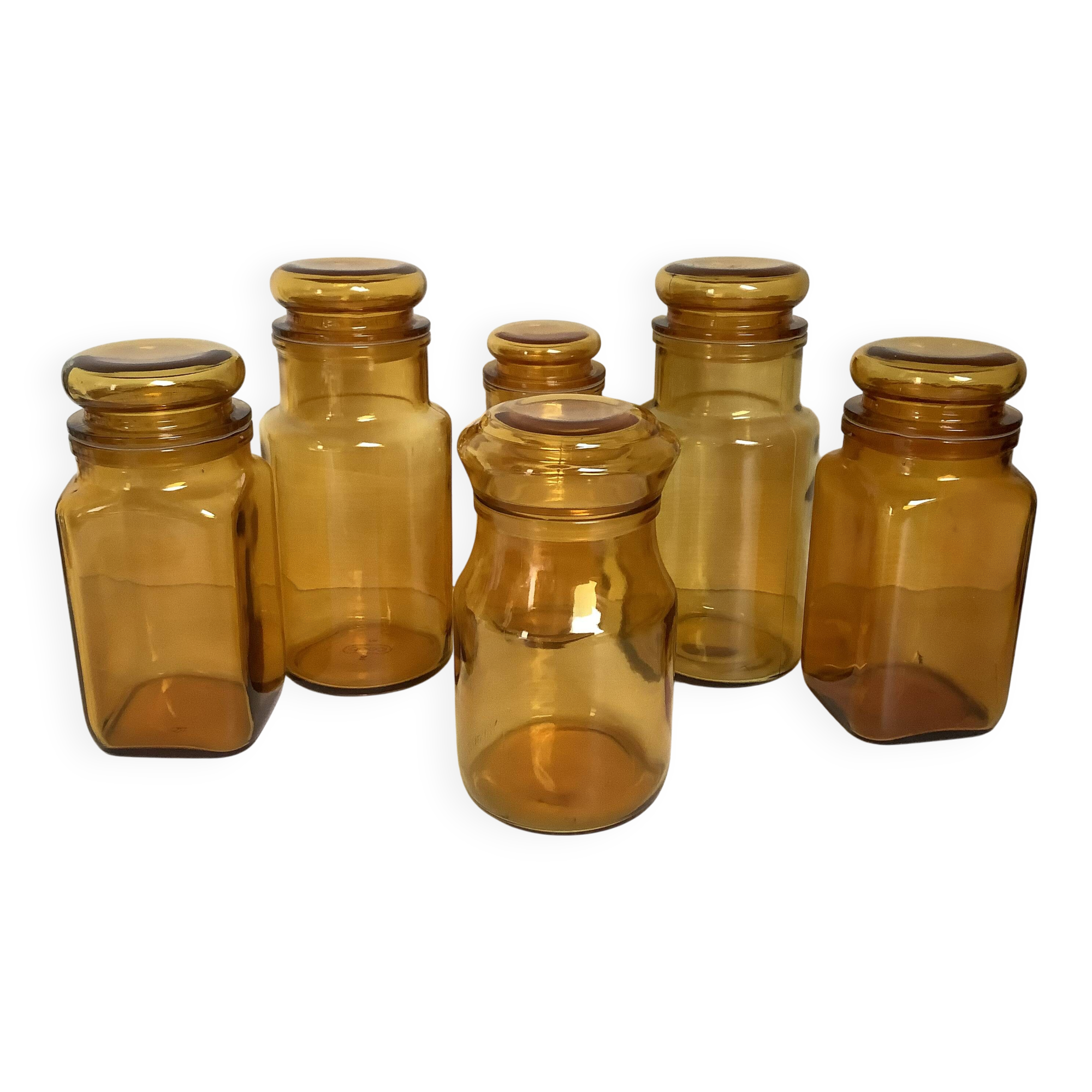 Six yellow glass candy jars from the 70s