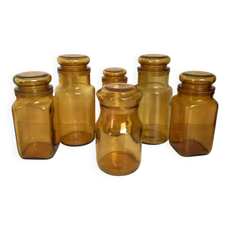 Six yellow glass candy jars from the 70s