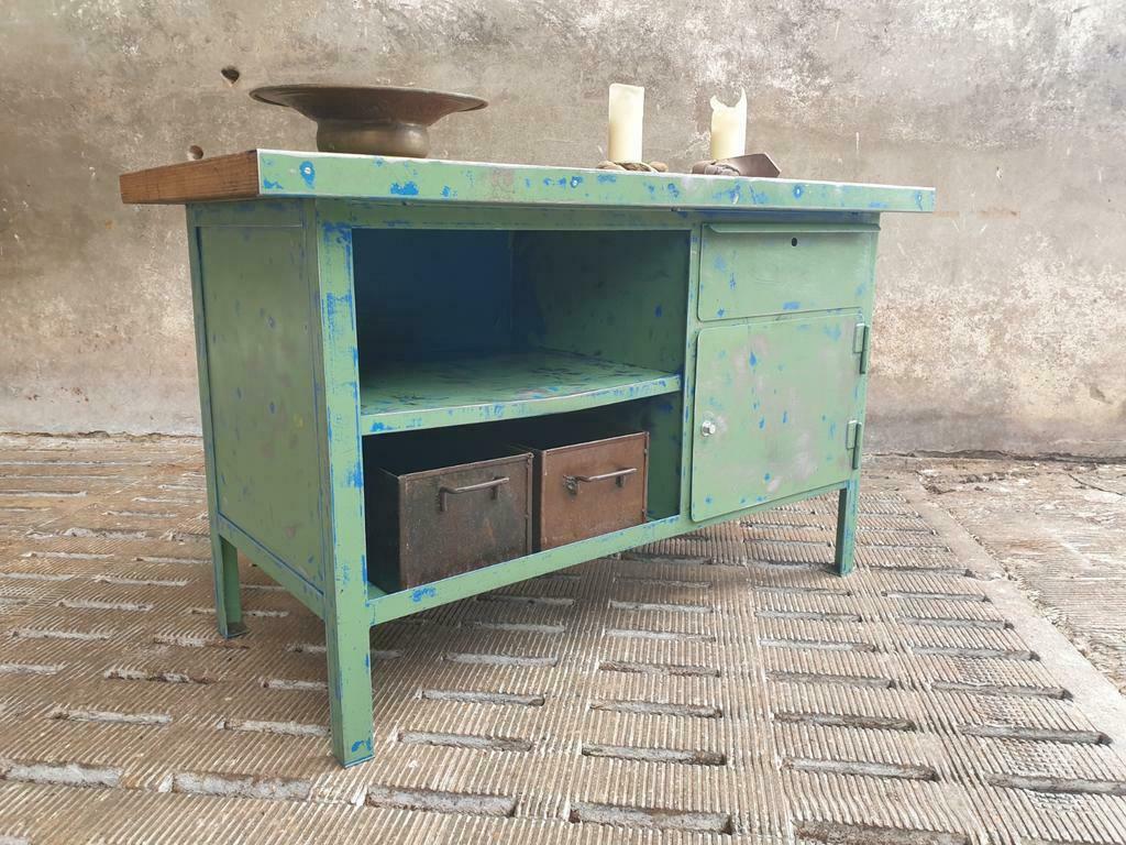 Industrial workbench steel green kitchen or bathroom furniture