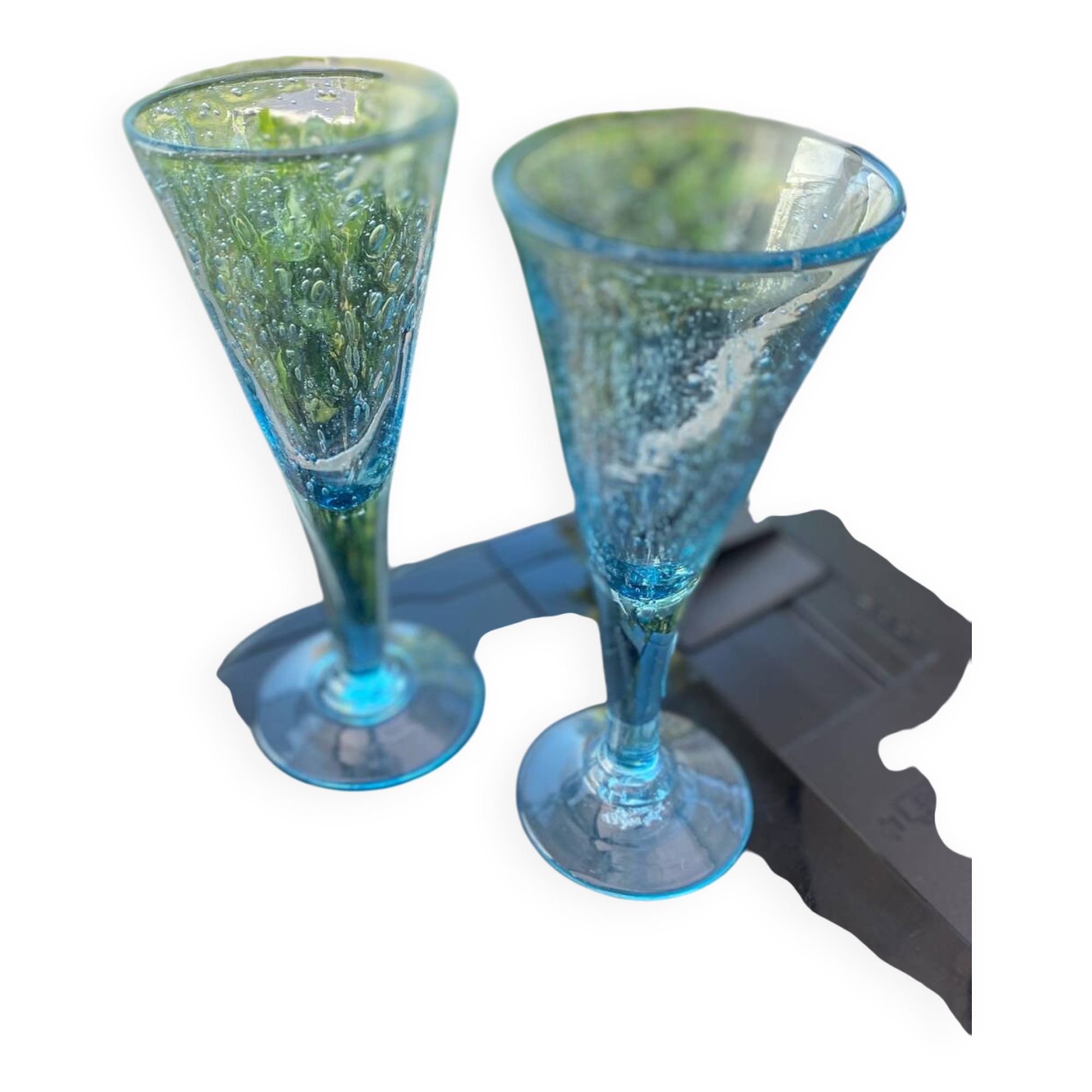 Pair of sky blue chalice or flute glasses