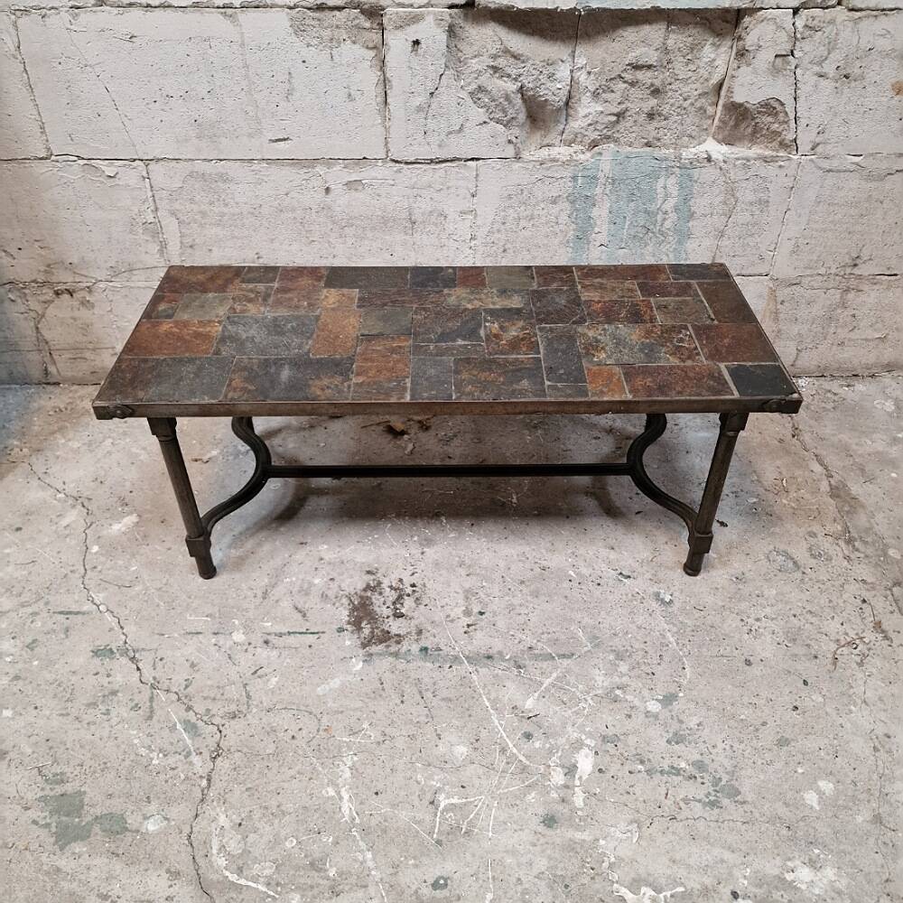 Vintage wrought iron and slate coffee table