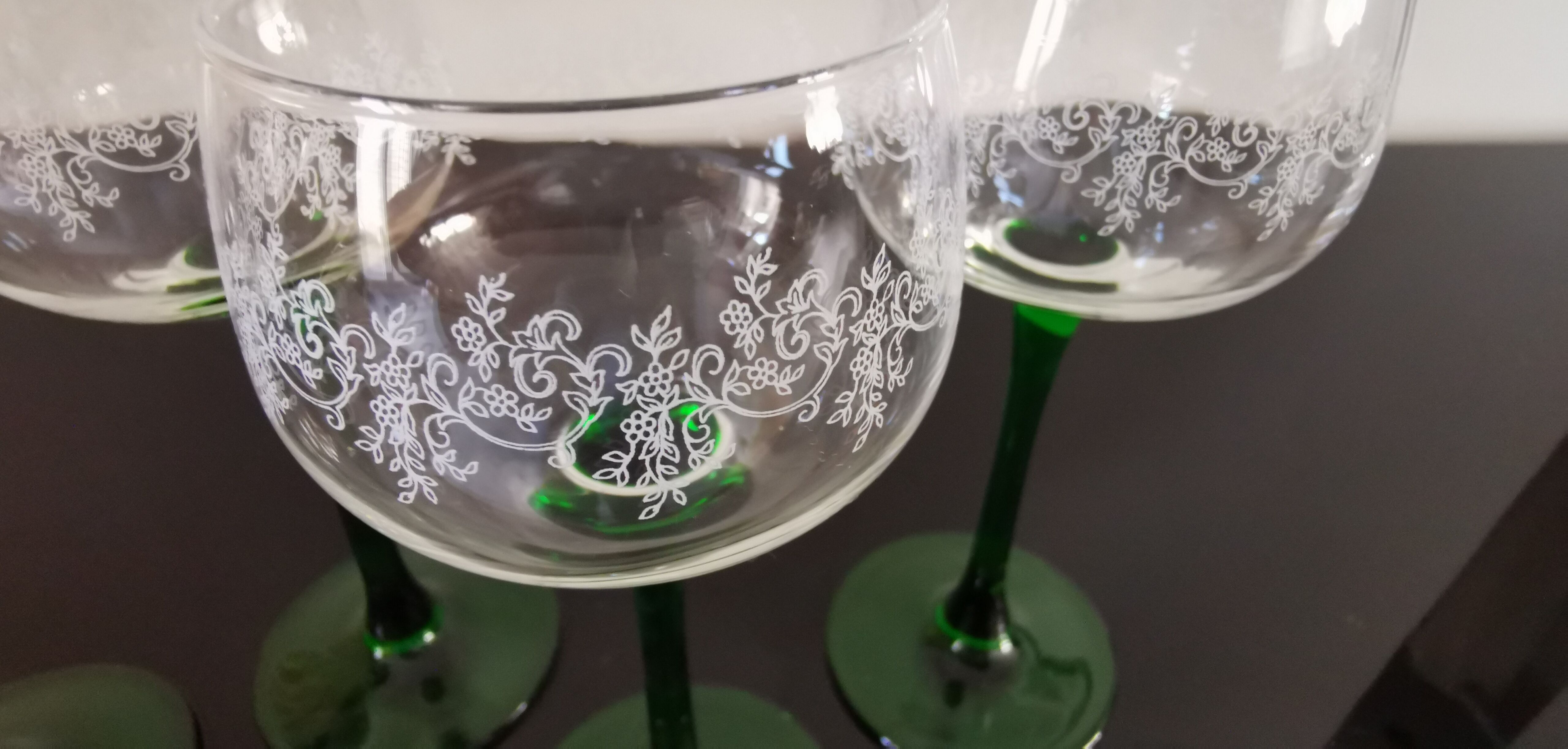 4 Vintage Alsace Wine Glasses with green feet floral decorations
