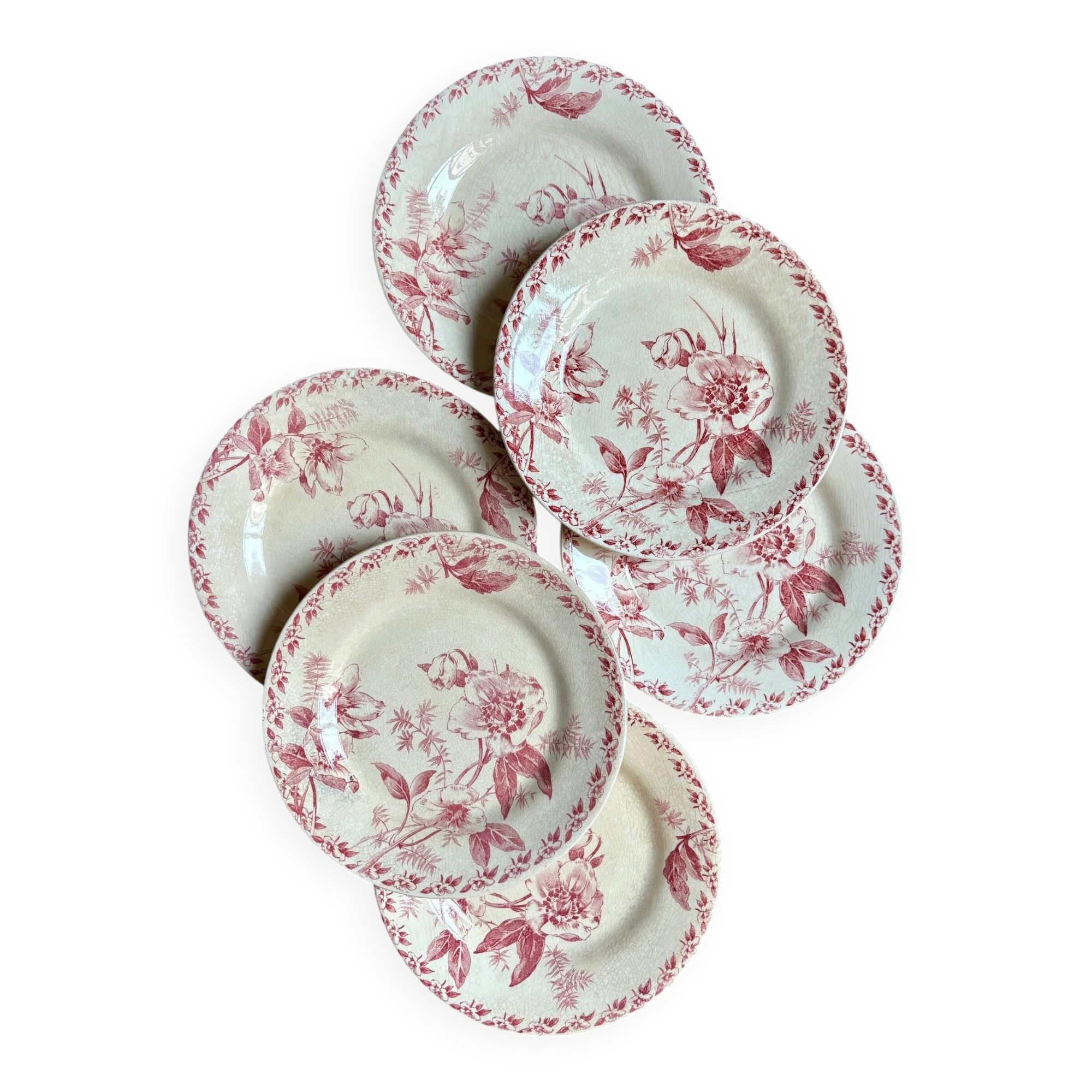 6 dessert plates Gien in pink ironstone, "Roses de Noël" service.