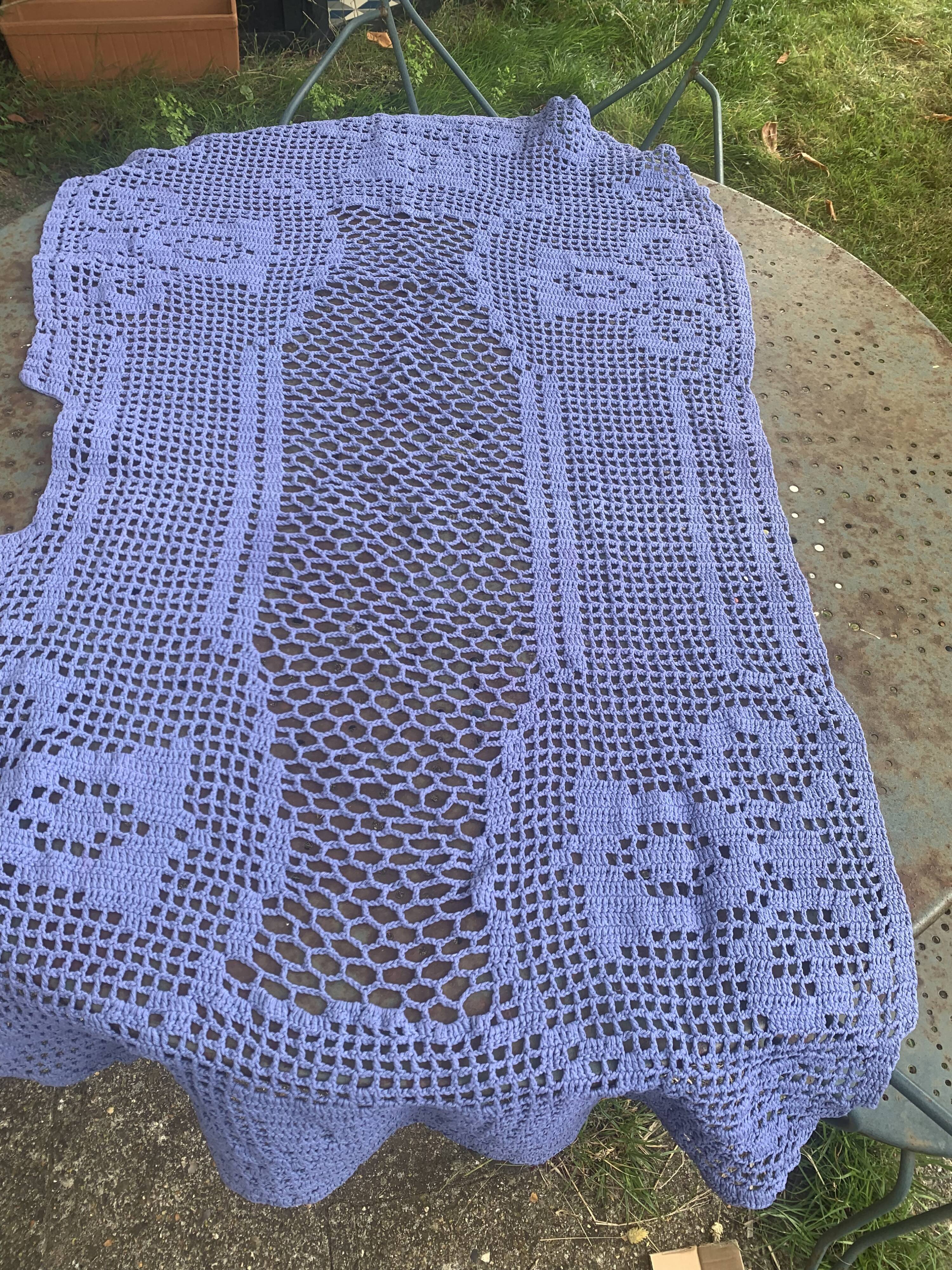 Handmade, blue-purple crocheted, vintage table runner or plaid